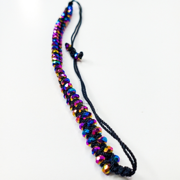 Rainbow Metallic Iridescent Oil Slick Facet Rondelle Adjustable Bracelet Anklet - Picture 5 of 11